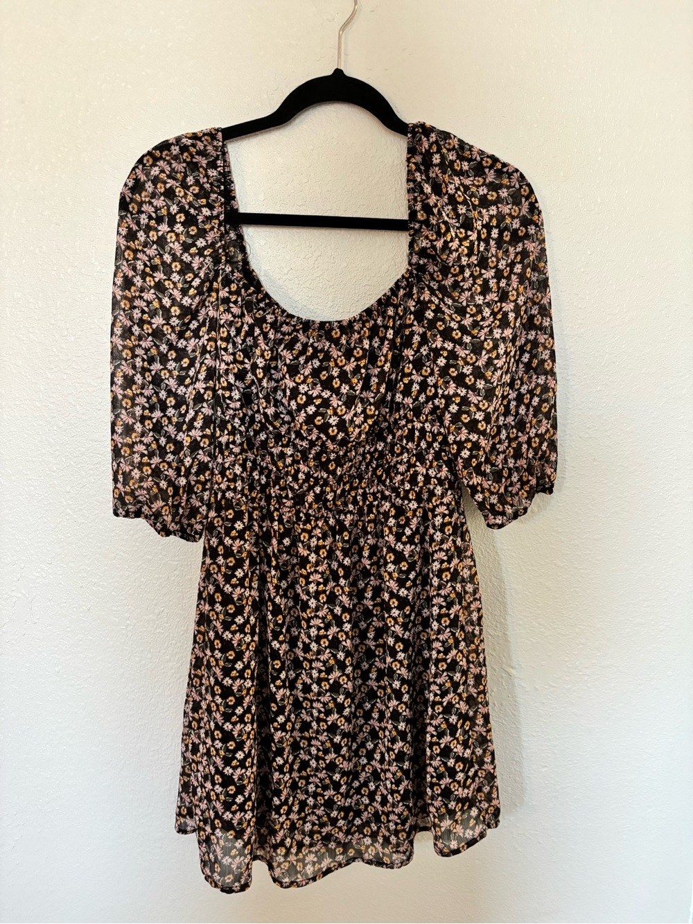 Floral Puff-Sleeve Mini Dress in Black with Pink Flowers